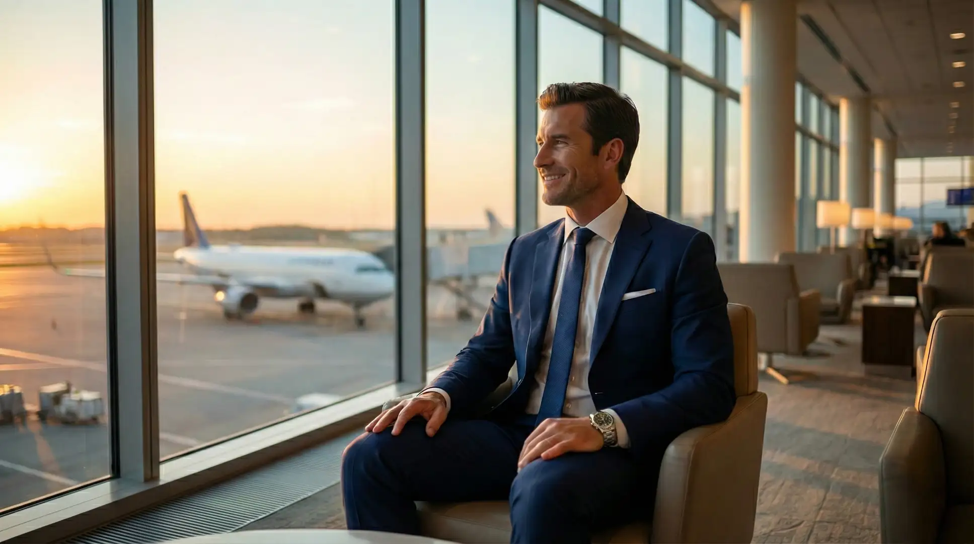 Biznesmen w podróży służbowej na nowoczesnym lotnisku